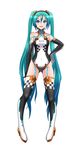  bare_shoulders boots elbow_gloves full_body gloves goodsmile_company goodsmile_racing green_eyes green_hair hand_on_hip hatsune_miku headset high_heels highres leotard long_hair oonishi_shunsuke pigeon-toed race_queen racing_miku shoes simple_background solo thighhighs twintails very_long_hair vocaloid white_background 