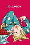  blonde_hair dated food fruit jojo_no_kimyou_na_bouken looking_at_viewer lying male_focus nail_polish o-rui on_back pannacotta_fugo purple_eyes purple_nails simple_background solo stencil_lettering strawberry 
