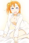  10s 1girl arm_support bare_shoulders barefoot blush bow breasts cleavage feitonokesin hair_bow kneeling kousaka_honoka large_breasts light_smile long_hair looking_at_viewer love_live! love_live!_school_idol_project no_bra open_clothes open_mouth open_shirt orange_hair side_ponytail simple_background solo white_background 