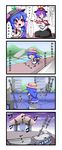  4koma absurdres blue_hair bow building catching cityscape comic couch food frills fruit ground_vehicle hand_net hat highres hill hinanawi_tenshi house long_hair multiple_girls nagae_iku open_mouth peach purple_hair red_eyes ribbon rinmei shawl short_hair smile sweatdrop tokyo_big_sight touhou train translated 