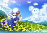  absurdres brown_hair child clannad cloud dango_daikazoku day dress flower from_behind highres mafelili okazaki_ushio running sailor_dress school_uniform 