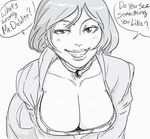  bb_(baalbuddy) bioshock bioshock_infinite breasts choker cleavage downblouse dress elizabeth_(bioshock_infinite) english grin jewelry large_breasts leaning_forward lips looking_at_viewer monochrome naughty_face pendant short_hair smile solo 