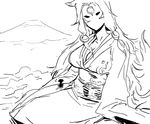  amaterasu animal_ears bb_(baalbuddy) breasts cleavage facial_mark forehead_mark greyscale hair_tubes issun japanese_clothes kimono large_breasts long_hair mask monochrome mount_fuji no_bra no_mouth obi ookami_(game) personification reclining sash sidelocks sketch solo tail wide_sleeves wolf_ears wolf_tail 