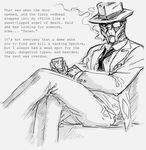  alien bb_(baalbuddy) cigarette crossed_legs detective drink english fedora film_noir formal garrus_vakarian gloves greyscale hat male_focus mass_effect monochrome necktie parody scouter sitting smoking solo suit text_focus turian 