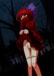  blush bow cape censored covered_mouth dress dress_lift exhibitionism forest futatsuki_hisame hair_bow highres lifted_by_self long_sleeves nature night outdoors panties panty_pull pink_panties pubic_hair pussy red_eyes red_hair sekibanki short_hair solo touhou underwear 