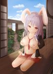  animal_ears bad_perspective barefoot between_breasts breast_hold breasts bunny_ears large_breasts long_hair looking_at_viewer navel necktie necktie_between_breasts nipples open_clothes open_shirt ouka_(ra-raradan) purple_hair red_eyes red_neckwear reisen_udongein_inaba shiny shiny_skin shirt smile solo touhou 