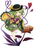  efe eyeball floral_print flower green_eyes green_hair hat hat_ribbon heart heart-shaped_pupils heart_of_string komeiji_koishi long_sleeves open_mouth red_flower red_rose ribbon rose shadow shirt short_hair simple_background skirt smile solo symbol-shaped_pupils third_eye touhou white_background wide_sleeves 