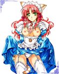  animal_ears blush breasts breasts_outside cat_ears cat_tail garter_straps green_eyes long_hair looking_at_viewer maid maid_headdress medium_breasts nipples original panties red_hair skirt skirt_lift solo standing tail tamiya_akito thighhighs underwear 