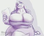  2018 anthro big_breasts boss_monster breasts caprine cleavage cloth clothed clothing digital_media_(artwork) female goat holding_object horn looking_at_viewer mammal mature_female monochrome sitting skirt smile solo suit teacher thick_thighs toriel undertale video_games voluptuous weasselk wide_hips 