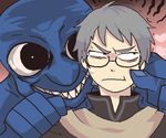  1boy ao_oni blue_oni blue_skin frown glasses grey_hair grin hiroshi_(ao_oni) hono1212 monster oni pout scarf smile sweat the_oni_(ao_oni) 