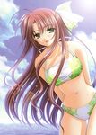  :d absurdres ahoge bikini brown_hair cloud day green_eyes highres katagiri_sayuki lens_flare long_hair lovely_idol mole navel nishimata_aoi ocean open_mouth scan sky smile solo swimsuit tankini very_long_hair water 