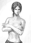  absurdres bangs crossed_arms faux_traditional_media freckles greyscale highres looking_away lotus_(elico) monochrome parted_bangs ponytail realistic shingeki_no_kyojin short_hair solo topless ymir_(shingeki_no_kyojin) 