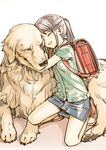  animal animal_hug backpack bad_id bad_pixiv_id bag brown_hair child closed_eyes dog golden_retriever idolmaster idolmaster_cinderella_girls mifune_miyu miniskirt open_mouth randoseru shiba_itsuki short_sleeves silver_hair skirt smile solo squatting white_background 