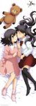  artist_request black_hair black_legwear blue_eyes blush brown_hair child dakimakura fate/zero fate_(series) hair_ribbon highres holding_hands interlocked_fingers long_hair matou_sakura multiple_girls official_art one_eye_closed pajamas ribbon short_hair siblings sisters stuffed_animal stuffed_toy teddy_bear thighhighs toosaka_rin toosaka_sakura twintails ufotable younger 