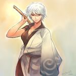  genderswap genderswap_(mtf) gintama hadanugi_dousa hase_(nafela) highres japanese_clothes kimono long_sleeves looking_at_viewer red_eyes sakata_ginko sakata_gintoki short_hair short_sleeves solo white_hair 