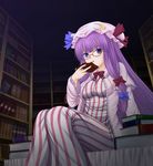  bespectacled book crescent glasses hat hero_rice highres library long_hair patchouli_knowledge purple_eyes purple_hair solo striped touhou very_long_hair voile 