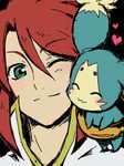 blush creature green_eyes hanosuke luke_fon_fabre male_focus mieu one_eye_closed red_hair smile tales_of_(series) tales_of_the_abyss 