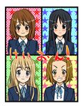  4girls akiyama_mio bangs black_eyes black_hair blonde_hair blue_eyes blunt_bangs blush brown_eyes brown_hair grin hair_ornament hairband hairclip hime_cut hirasawa_yui k-on! kazuki_kotobuki kotobuki_tsumugi long_hair multiple_girls school_uniform short_hair smile star tainaka_ritsu translated 