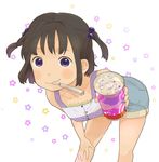  bad_id bad_pixiv_id bent_over copyright_request food hair_bobbles hair_ornament hand_on_thigh ice_cream mosuko mouth_hold purple_eyes short_hair smile solo spoon star starry_background twintails 