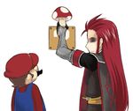  ?_block asch brown_hair crossover doroimo facial_hair hat long_hair male_focus mario mario_(series) md5_mismatch multiple_boys mushroom mustache red_hair super_mario_bros. super_mushroom surcoat tales_of_(series) tales_of_the_abyss white_background 