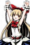  arms_up bad_id bad_pixiv_id blonde_hair blush bow chain fa_no_hito hair_bow horn_ribbon horns ibuki_suika long_hair open_mouth ribbon smile solo touhou wrist_cuffs 