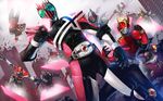  card card_with_aura city highres holding holding_card kamen_rider kamen_rider_555 kamen_rider_agito kamen_rider_agito_(series) kamen_rider_blade kamen_rider_blade_(series) kamen_rider_dcd kamen_rider_decade kamen_rider_den-o kamen_rider_den-o_(series) kamen_rider_faiz kamen_rider_hibiki kamen_rider_hibiki_(series) kamen_rider_kabuto kamen_rider_kabuto_(series) kamen_rider_kiva kamen_rider_kiva_(series) kamen_rider_kuuga kamen_rider_kuuga_(series) kamen_rider_ryuki kamen_rider_ryuki_(series) multiple_boys obui ruins 