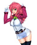  belt black_legwear blue_eyes breasts celestial_being_uniform cropped_jacket feldt_grace gloves gundam gundam_00 impossible_clothes impossible_shirt large_breasts miniskirt pink_hair ponytail rokuichi shirt side_slit skirt smile solo thighhighs thighs zettai_ryouiki 