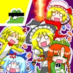  :d =_= ^_^ ^o^ anger_vein bangs bar_censor beret blonde_hair blue_hair censored cirno closed_eyes costume flandre_scarlet hat hong_meiling kirisame_marisa looking_at_viewer lowres mario_(series) multiple_girls myonde o_o open_mouth parody parted_bangs red_hair rumia smile star super_mario_bros. super_mario_world touhou witch_hat yoshi 