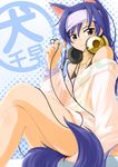  animal_ears bad_id bad_pixiv_id bare_shoulders blue_hair brown_eyes fox_ears headphones idolmaster idolmaster_(classic) idolmaster_1 kisaragi_chihaya long_hair punto solo sweater tail 