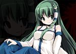  blood detached_sleeves empty_eyes fa_no_hito green_eyes green_hair hair_ornament kochiya_sanae long_hair sitting solo touhou yandere zoom_layer 