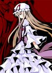  blonde_hair dress fa_no_hito frilled_dress frills hat long_hair purple_eyes solo touhou yakumo_yukari zoom_layer 