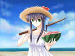  bad_id bad_pixiv_id beach blue_hair bokken day dress food fruit green_eyes hat kanon kawashima_mitsuha kawasumi_mai long_hair ponytail solo straw_hat suikawari sun_hat sword watermelon weapon wooden_sword 