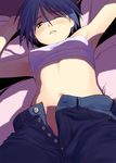  armpits arms_up bare_shoulders blue_eyes blue_hair blush breasts clenched_teeth cowboy_shot denim foreshortening from_below groin half-closed_eyes jeans looking_at_viewer lying matsubara_aoi navel no_panties no_shirt nose_blush on_back one_eye_closed open_fly pants sakaki_imasato shade short_hair small_breasts solo sports_bra teeth to_heart tomboy unbuttoned unzipped wince window_shade 