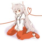  bad_id bad_pixiv_id bangs fujiwara_no_mokou hair_ribbon heart long_hair mono_(recall) pants red_eyes ribbon silver_hair solo touhou 