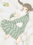  bad_id bad_pixiv_id barefoot brown_eyes brown_hair cellphone copyright_request feet hands mosuko pajamas phone pillow pillow_hug solo twintails 