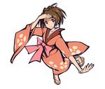  blush blush_stickers brown_eyes brown_hair chihaya_72 clog_sandals fuu japanese_clothes kimono samurai_champloo shading_eyes smile solo 