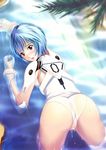  adapted_costume all_fours ass ayanami_rei bad_id bad_pixiv_id bar_censor blue_hair blush bracer cameltoe censored clenched_hand elbow_gloves embarrassed from_above gloves iga_(nonono_tsuushin) legs_apart leotard looking_at_viewer looking_back neon_genesis_evangelion number open_mouth outdoors pilot_suit plugsuit red_eyes see-through short_hair solo tree turtleneck water wet wet_clothes white_gloves 