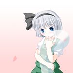  black_hairband blue_eyes blush ghost hairband hug konpaku_youmu konpaku_youmu_(ghost) riku_(rikkuru) short_hair silver_hair solo touhou 