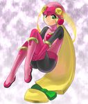  bad_id bad_pixiv_id blonde_hair bodysuit boots green_eyes helmet leotard long_hair ne-on pink_bodysuit pink_footwear pink_leotard rockman rockman_exe roll_exe solo thighhighs 