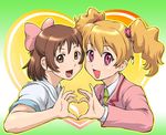  :d aoi_minamo blonde_hair bow brown_eyes brown_hair crossover eyelashes fresh_precure! heart heart_hands heart_hands_duo momozono_love multiple_girls oki_kanae open_mouth pink_bow pink_eyes pink_scrunchie precure public_yotsuba_middle_school_uniform real_drive scrunchie seiyuu_connection short_twintails smile twintails ueyama_michirou 