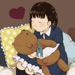  bad_id bad_pixiv_id bangs black_hair blunt_bangs doll_hug frilled_pillow frills hair_bobbles hair_ornament highres imminent_kiss mosuko original pillow solo stuffed_animal stuffed_toy teddy_bear twintails 