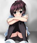  bad_id bad_pixiv_id black_legwear blush brown_eyes brown_hair hair_ornament hairclip katekyo_hitman_reborn! long_hair miura_haru momoiro_tanuki ponytail shirt shorts sitting solo tears thighhighs 