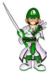  artist_request blue_eyes brown_hair crossover facial_hair full_body guilty_gear ky_kiske looking_at_viewer luigi male_focus mario_(series) mustache parody serious simple_background single_letter solo super_mario_bros. sword toon weapon white_background 