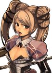  breasts brown_eyes brown_hair claire_(granado_espada) cleavage granado_espada hair_ribbon lace long_hair medium_breasts open_mouth ribbon solo tasaka_shinnosuke twintails 