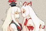  as bad_id bad_pixiv_id bow closed_eyes fujiwara_no_mokou hair_bow hair_ribbon hat imminent_kiss kamishirasawa_keine long_hair multiple_girls polka_dot red_eyes ribbon sweatdrop touhou trembling white_hair 