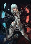 ayanami_rei bdsm blue_hair bodysuit bondage bound chain covering covering_breasts covering_crotch electricity fortal highres neon_genesis_evangelion plugsuit red_eyes short_hair solo torn_clothes white_bodysuit 