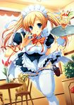  absurdres blonde_hair blue_eyes copyright_request food fruit highres solo strawberry thighhighs tomose_shunsaku tray twintails waitress 
