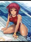  :3 animal_ears competition_swimsuit doll drain_(object) goggles goggles_removed highres inoue_makito lane_line letterboxed light_smile lips one-piece_swimsuit original pool poolside red_eyes red_hair refraction ripples shiny shiny_skin short_hair solo swim_cap swimsuit tan towel water wet 