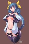  blue_hair bow breasts detached_sleeves dizzy guilty_gear hair_bow highres large_breasts long_hair midriff navel omega.ep solo tail thighhighs underboob 