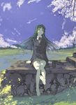  barefoot feet green_hair nakabayashi_reimei no_shoes ouka_nagisa petals sitting skirt soles solo super_robot_wars super_robot_wars_original_generation thighhighs work_in_progress yellow_eyes zettai_ryouiki 